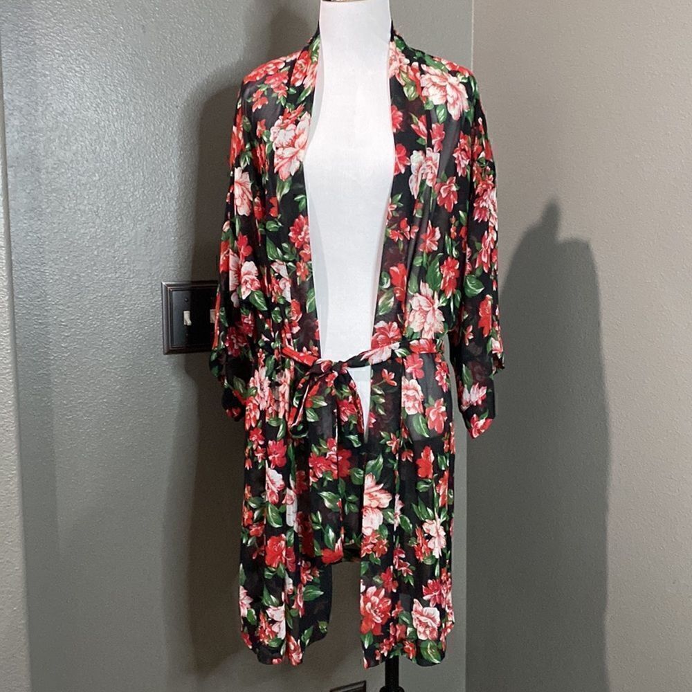 Forever 21 Sheer Rose Robe Kimono Belted Swim Cover Up